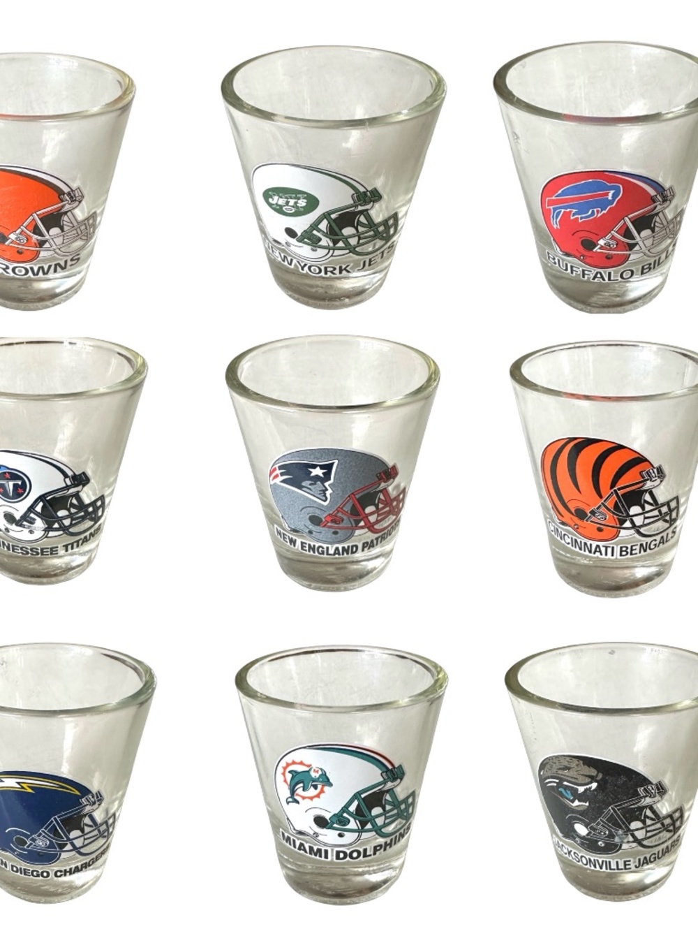 HUNTER Vintage NFL 1 1/2 oz Clear Shot Glass (lot of 9) Souvenir Collectible